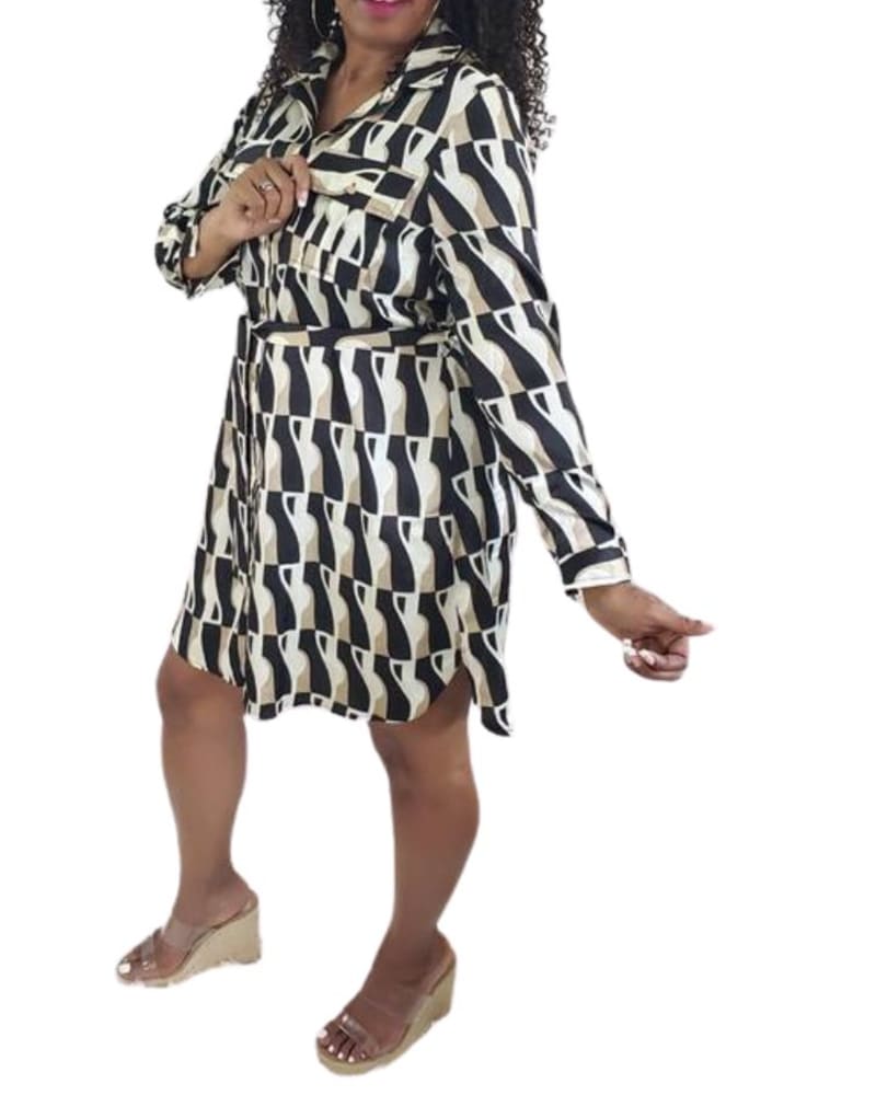 Front of a model wearing a size Large Shirt Midi Dress in Abstract Print in Abstract Print by Q2. | dia_product_style_image_id:346345